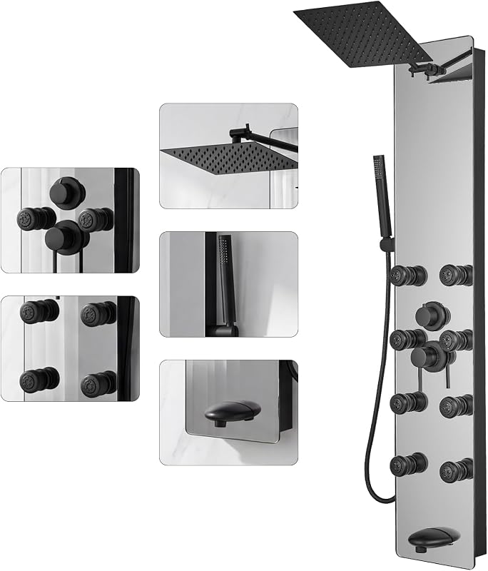 Panel ducha multifunción acero inox negro con lluvia