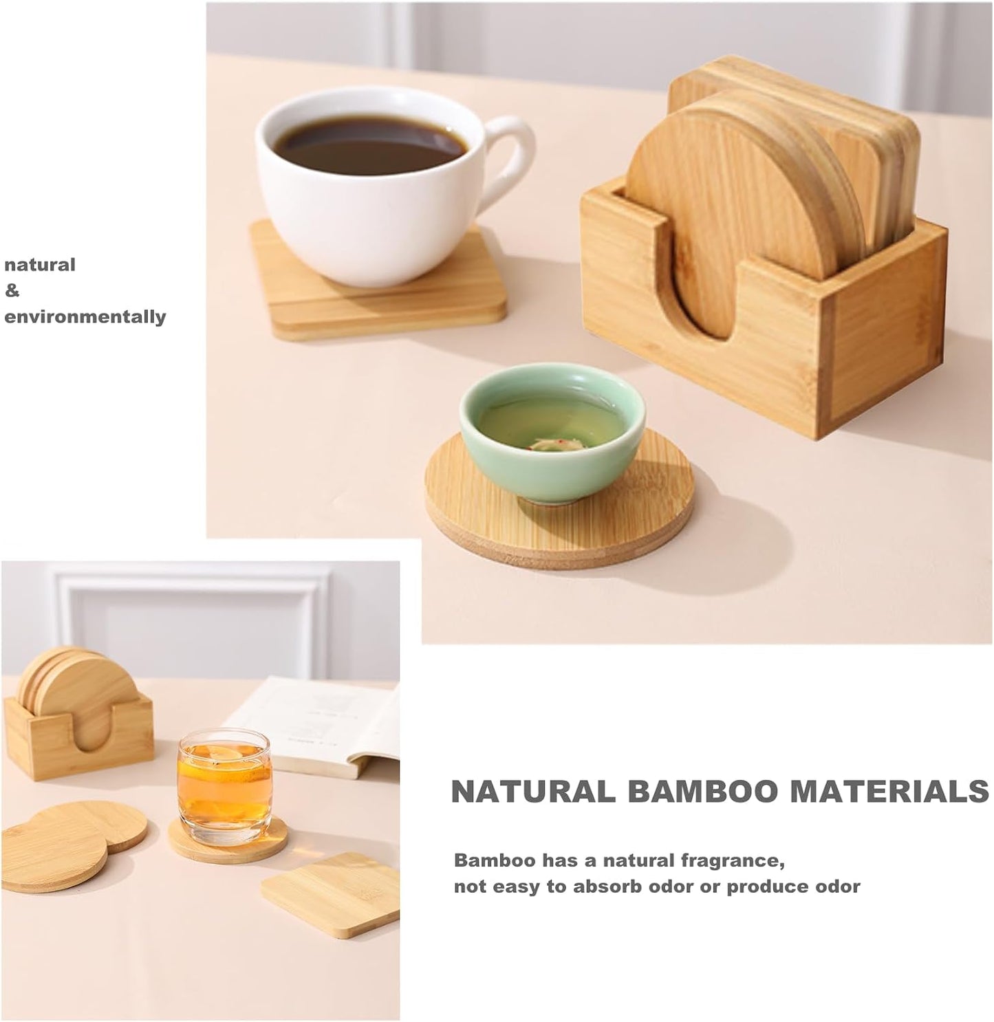 Set 6 posavasos bambú natural para café redondos y cuadrados