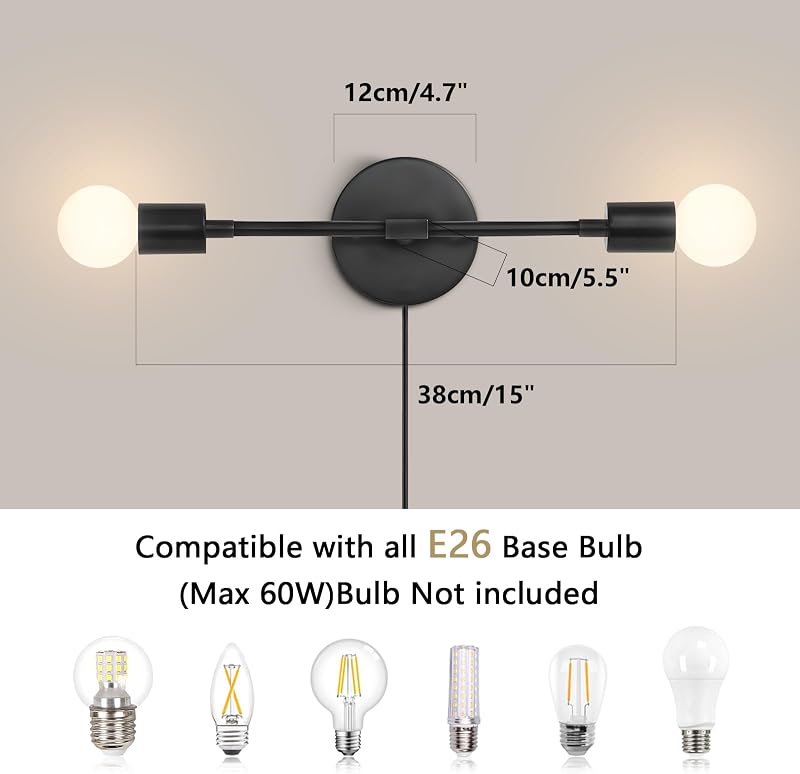 Aplique pared con enchufe negro interruptor 2 luces moderna
