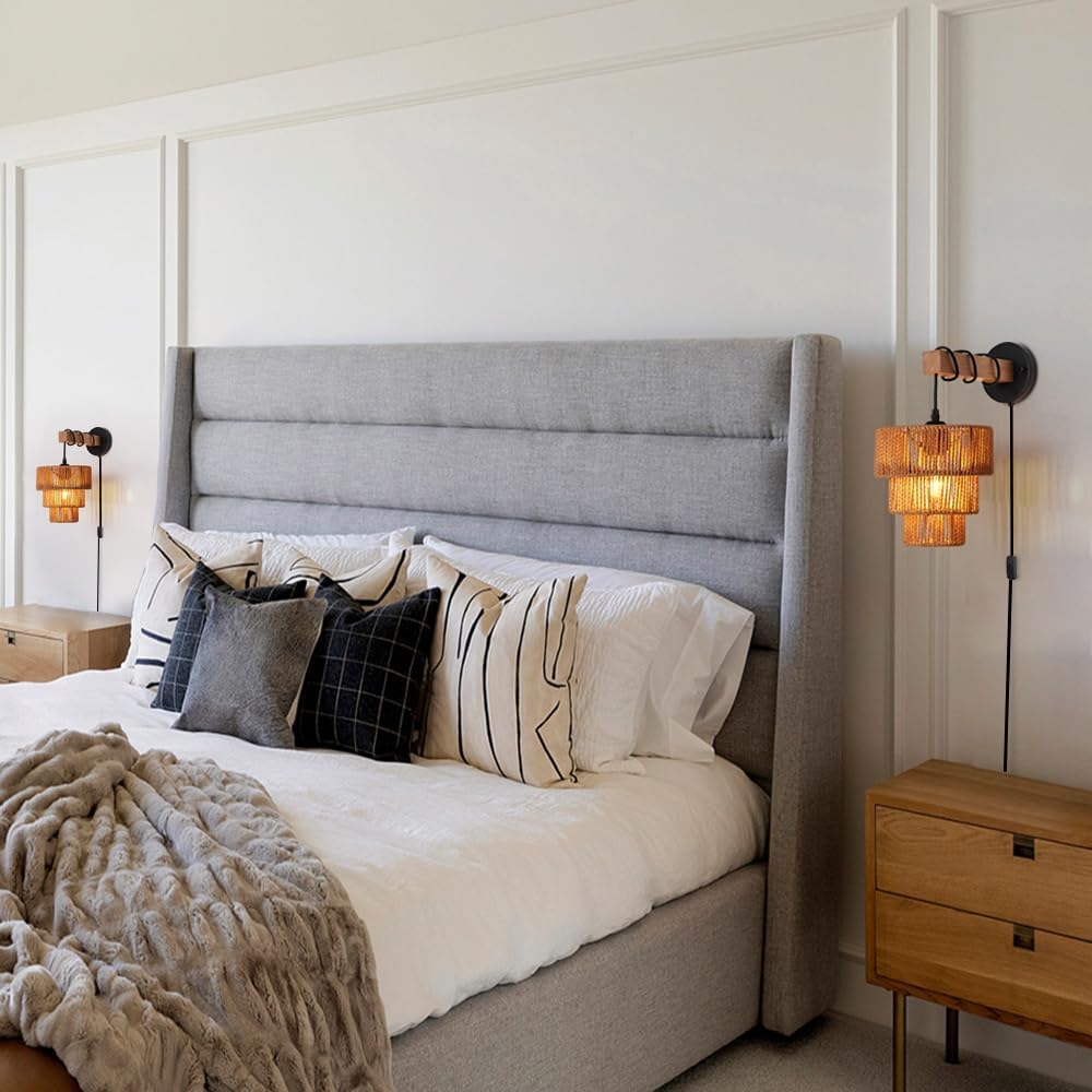 Aplique pared ratán enchufable para dormitorio y sala