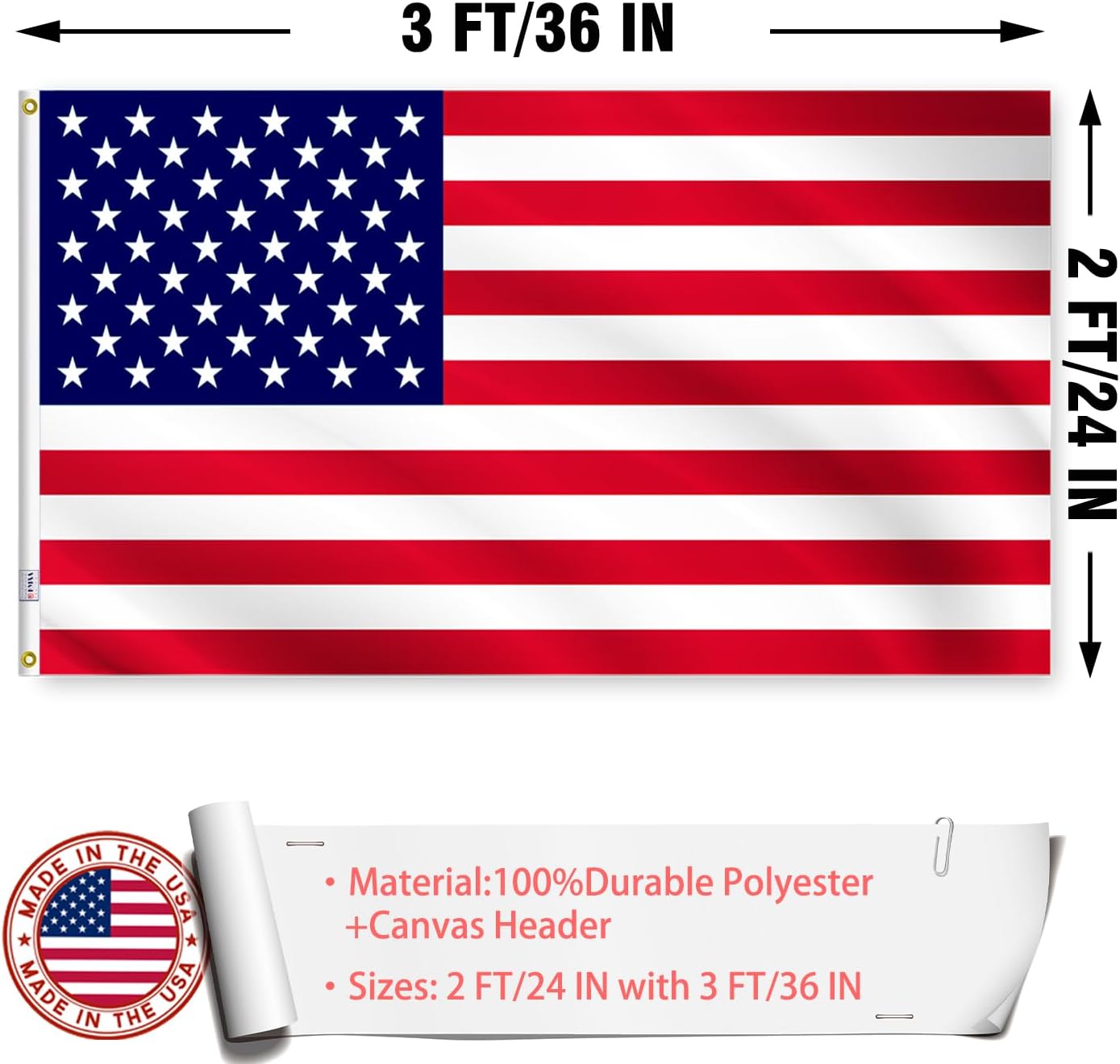 Bandera EE.UU. 2x3" doble cara resistente con ojales latón