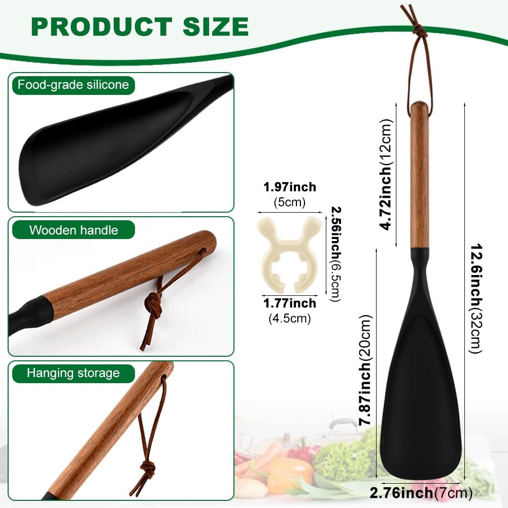 Cuchara de silicona para cocina antiadherente con mango de madera y soporte de clip (negro, 12.8)
