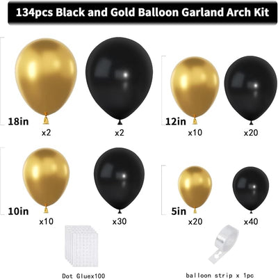 Kit arco globos dorado y negro 134 metálicos cumpleaños