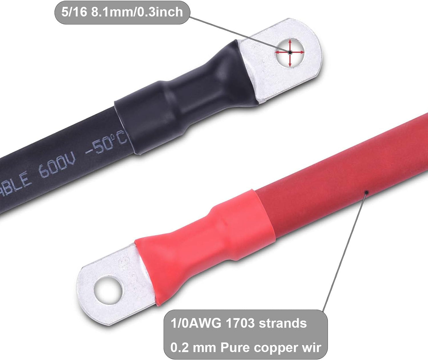 Cable batería flexible 1/0 AWG cobre OFC 1.5 pies par rojo negro