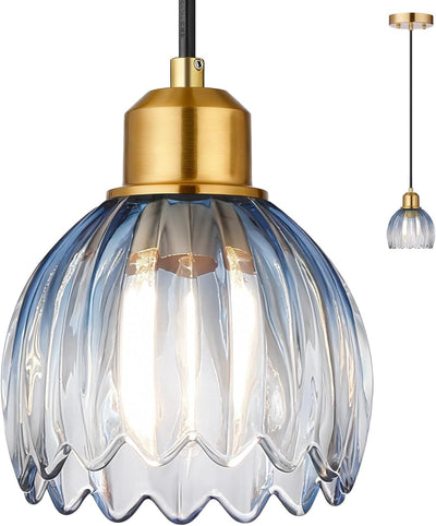 Lámpara colgante tulipán cristal azul latón