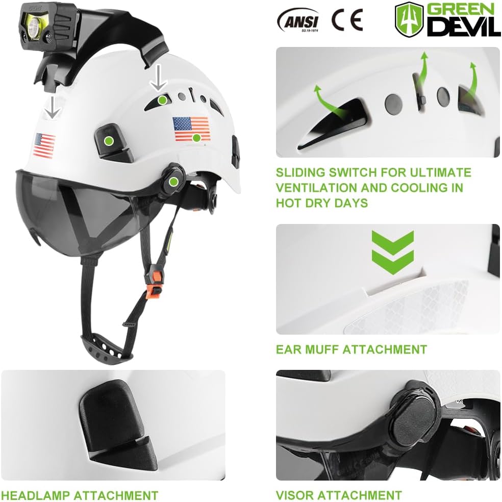 Casco seguridad con luz recargable para trabajo ANSI Z89.1