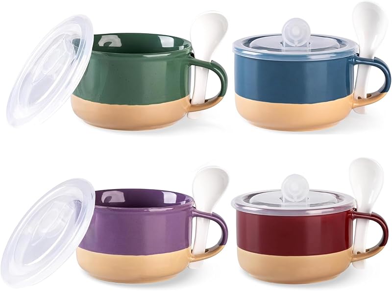 Set 4 Tazas Sopa Cerámica con Tapas y Asas Multicolor