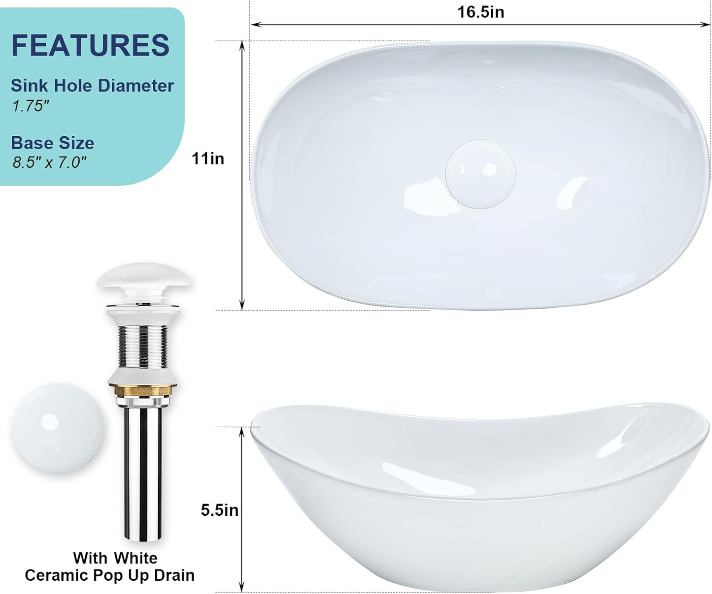 Fregadero ovalado blanco 16.5x11pulg drenaje desplegable