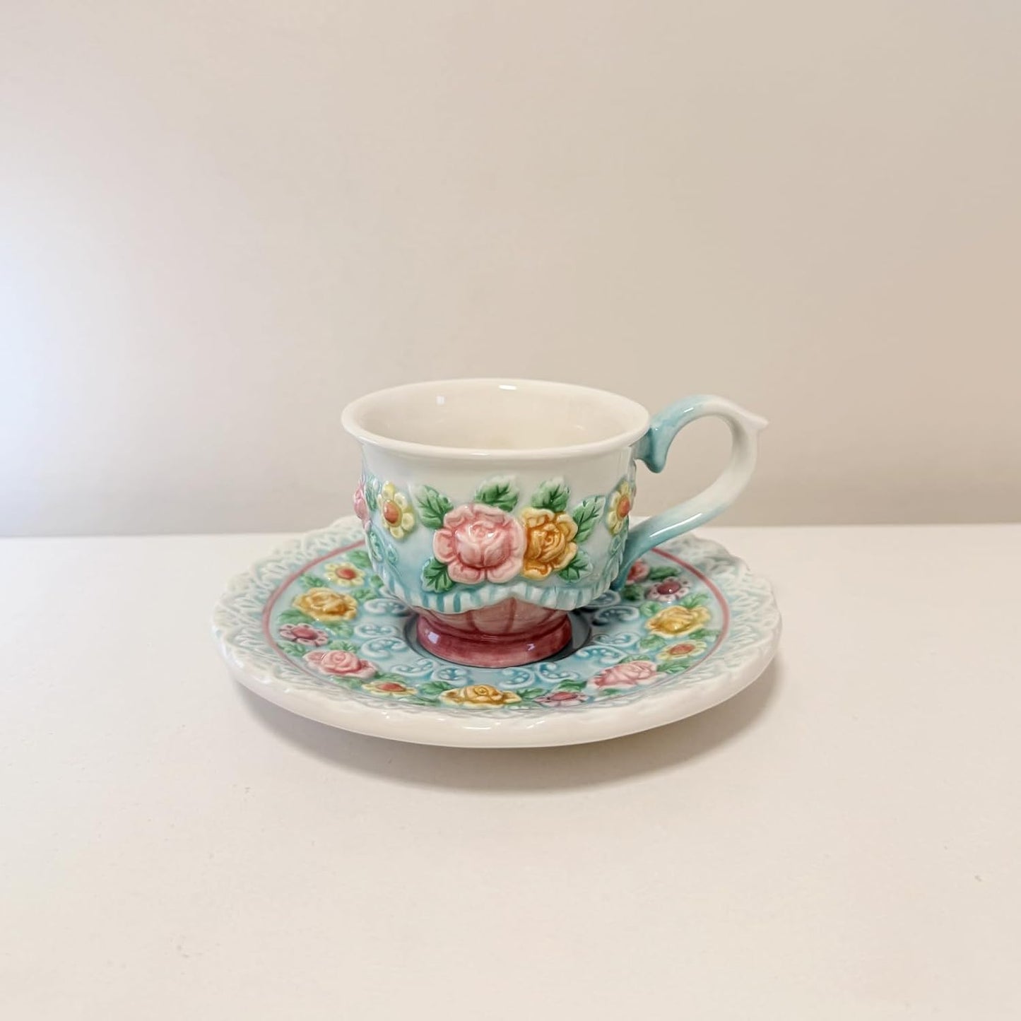 Set taza café y platillo cerámica pintada a mano 3oz