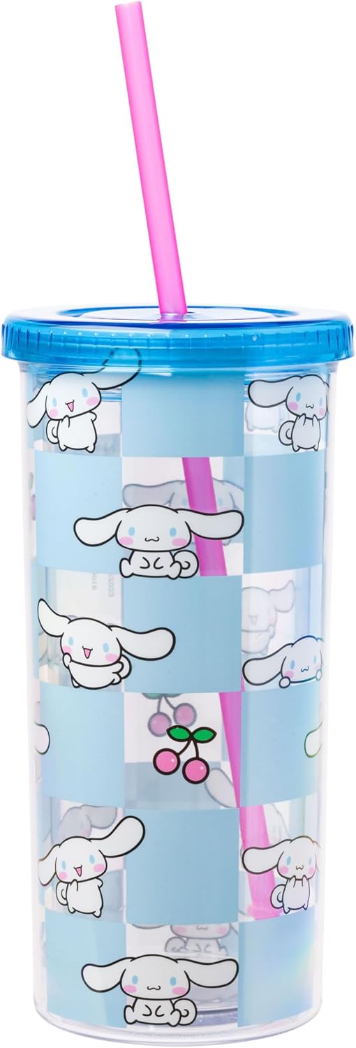 Vaso plástico Cinnamoroll azul cereza con tapa y pajilla 20oz