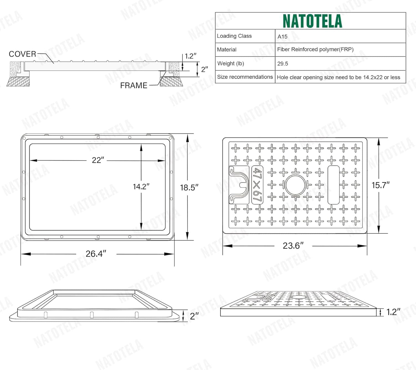 Tapa alcantarilla 24x16 fibra vidrio reforzada con asas