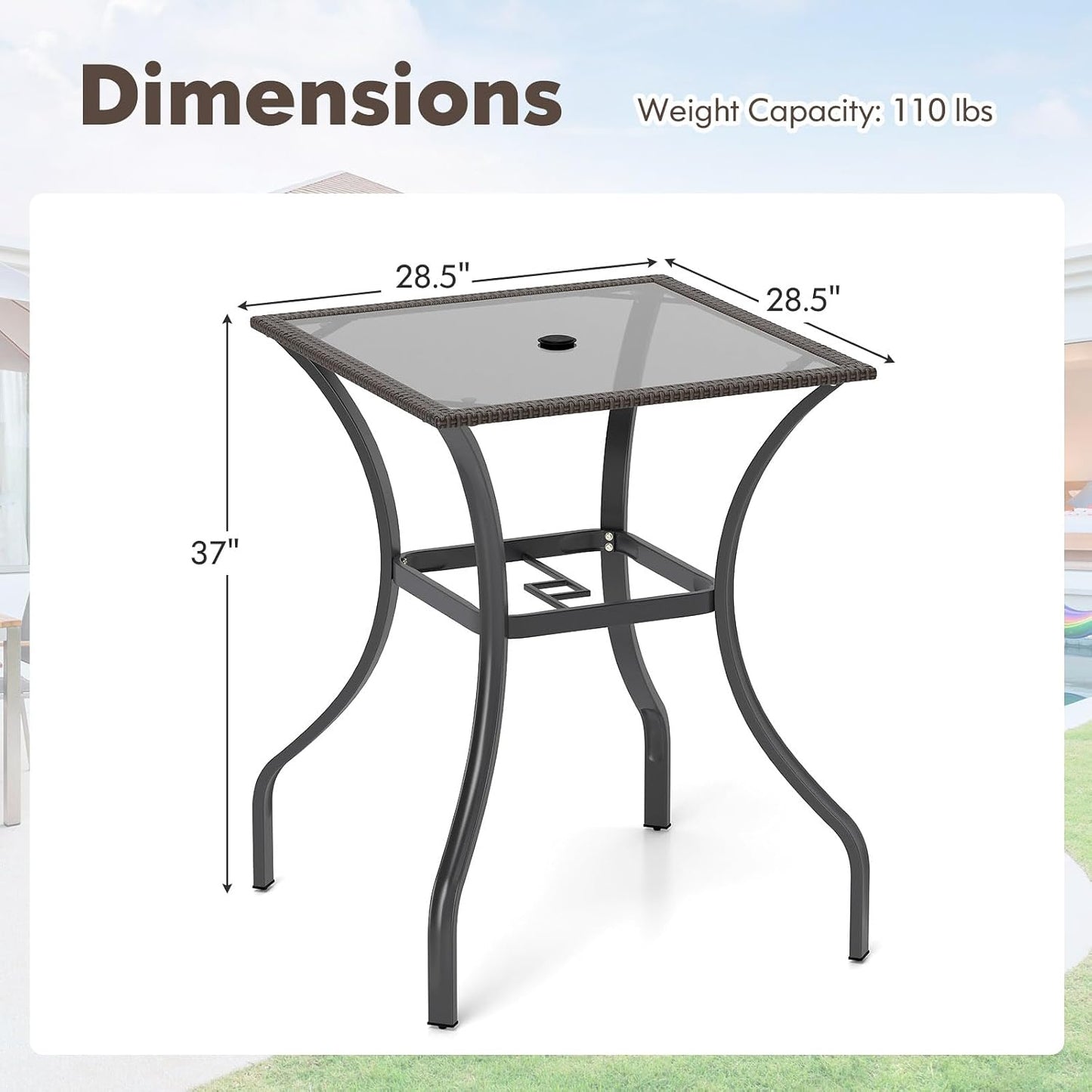Mesa bar cuadrada 28.5" vidrio serigrafiado patas metal