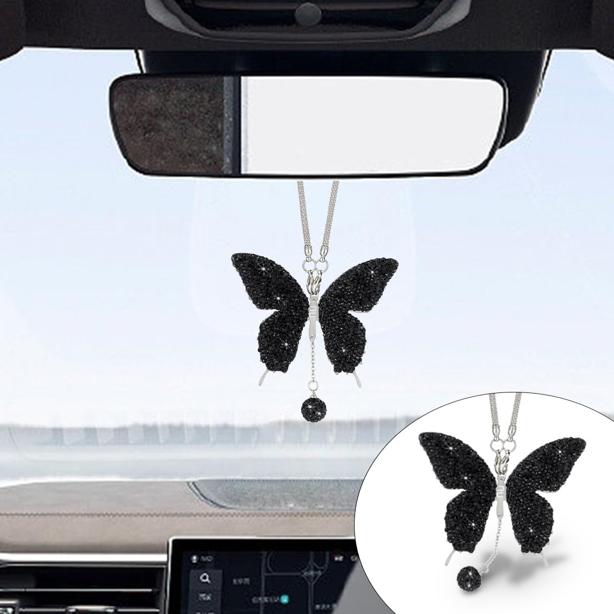 Adorno colgante espejo auto diamantes mariposa negro