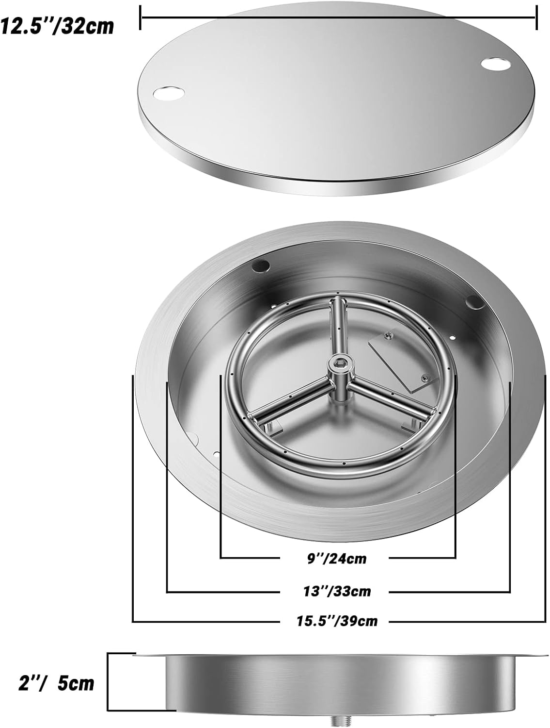 Bandeja acero inox 13pulg fogata con quemador y cubierta