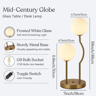 Lámpara mesa globo dorado 2 luces pantalla vidrio blanco