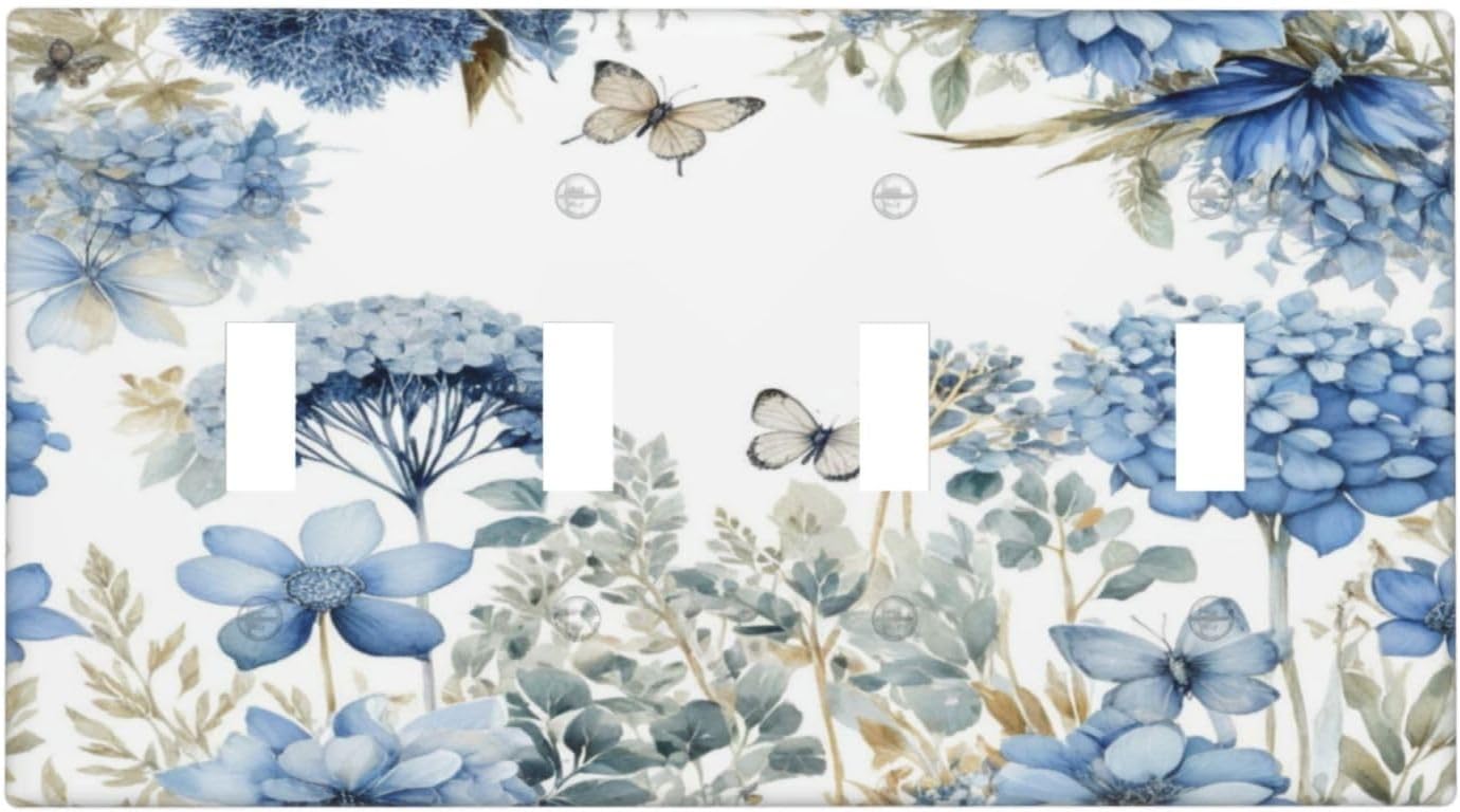 Cubiertas placa interruptor flores azules hojas mariposa beige 4 segmentos