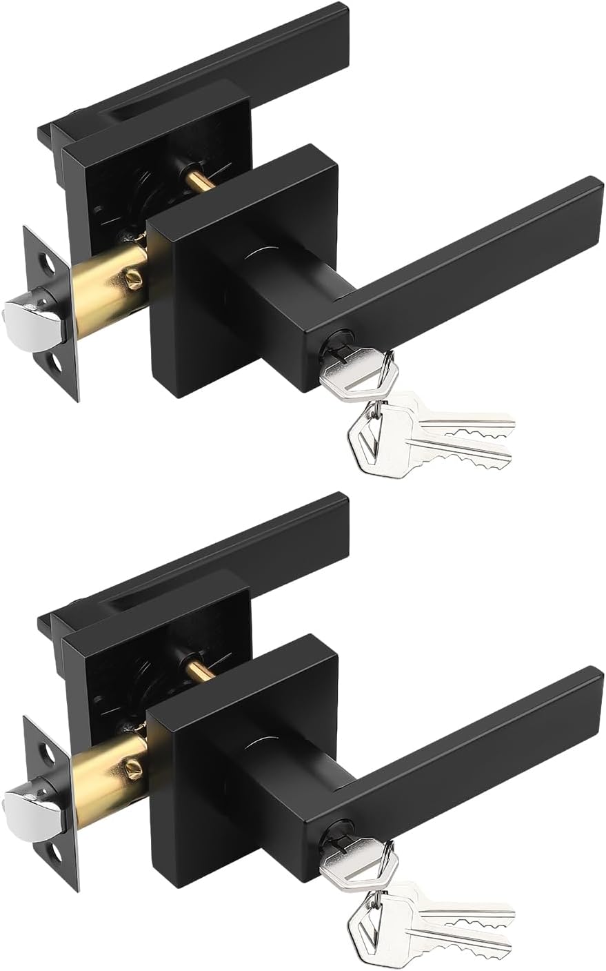 2 Manijas Puerta Entrada Cuadradas con Cerradura Negro Mate