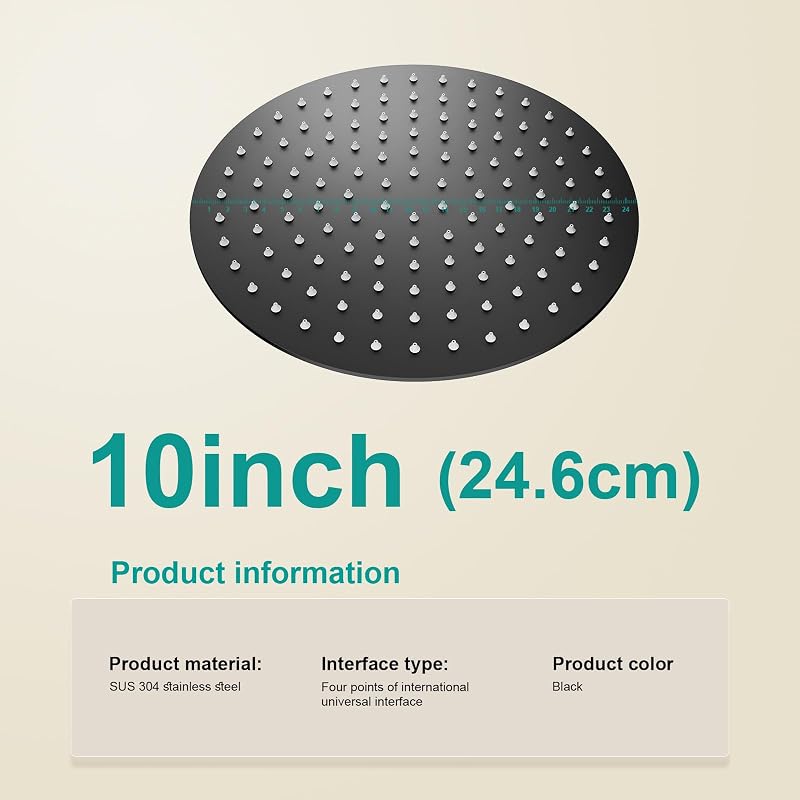 Cabezal ducha lluvia 10" acero inox alta presión D-negro
