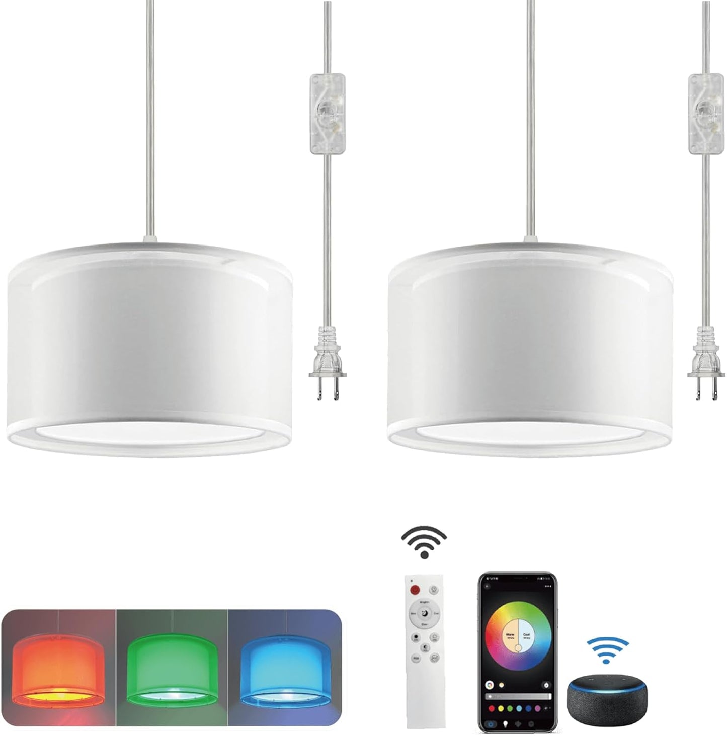 Lámpara colgante con enchufe 15ft doble pantalla blanca