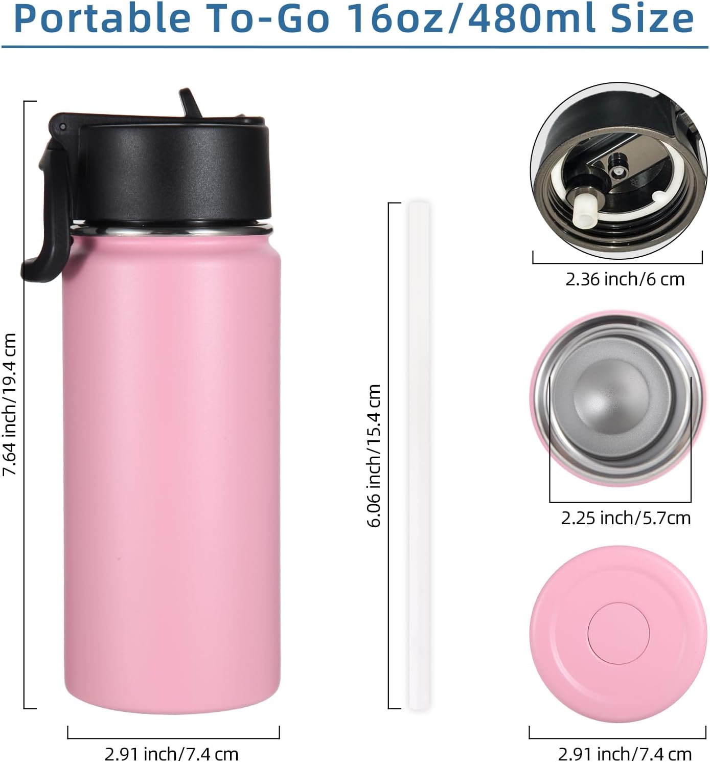 8 Botellas agua niños 16oz aisladas con pajilla asa rosa