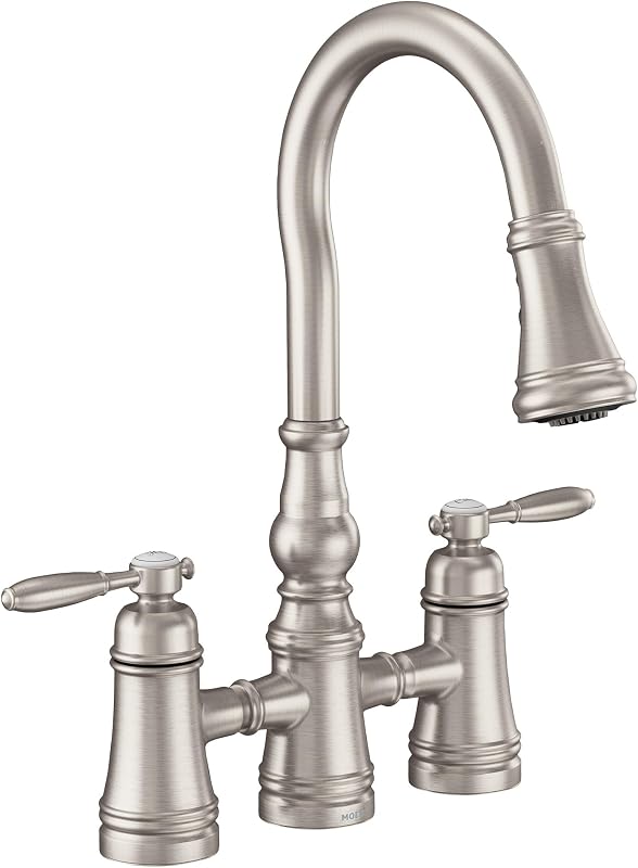 Grifo cocina acero inox puente abatible dos manijas
