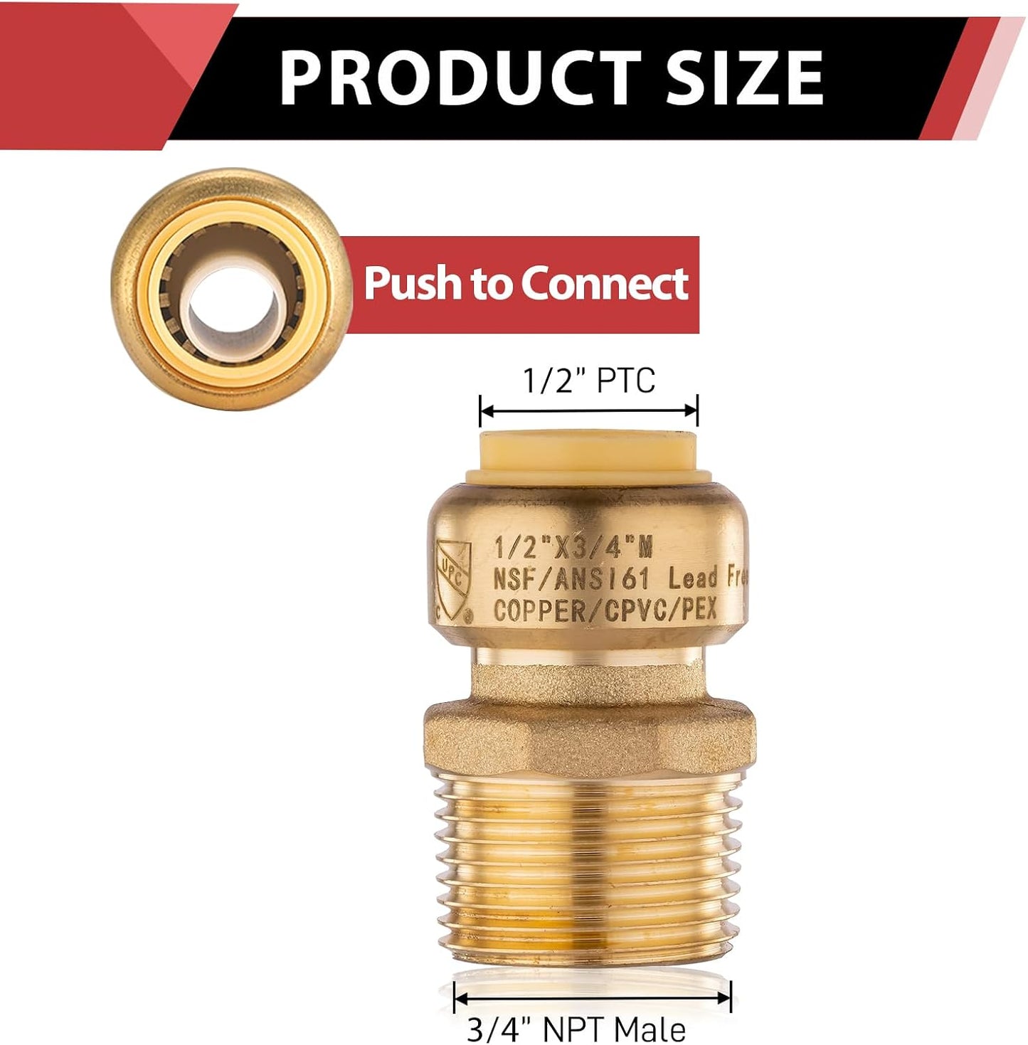 5 Pzas Adaptador Push Fit Pex 1/2x3/4 con herramienta