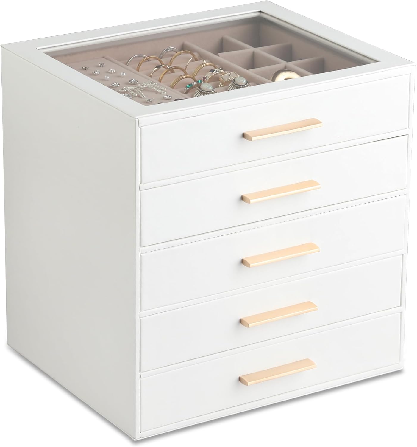Caja joyas cuero PU 5 capas con cajón y tapa transparente