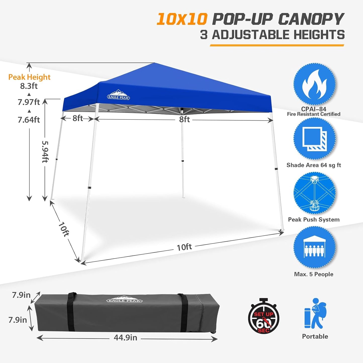 Pérgola plegable tela 10x10ft patas inclinadas exterior azul