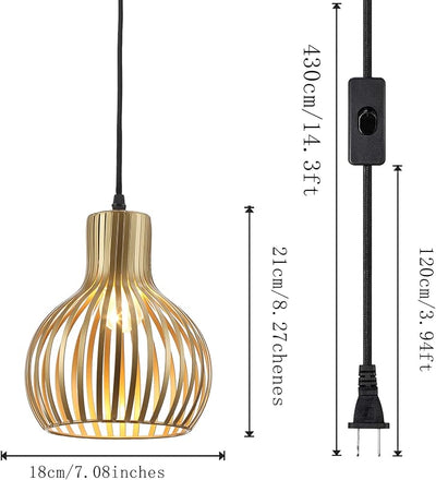 Lámpara colgante industrial metal dorado con enchufe 14.3ft