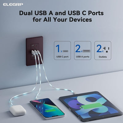 Tomacorrientes USB pared 3 puertos 30W 6A tipo C cert UL