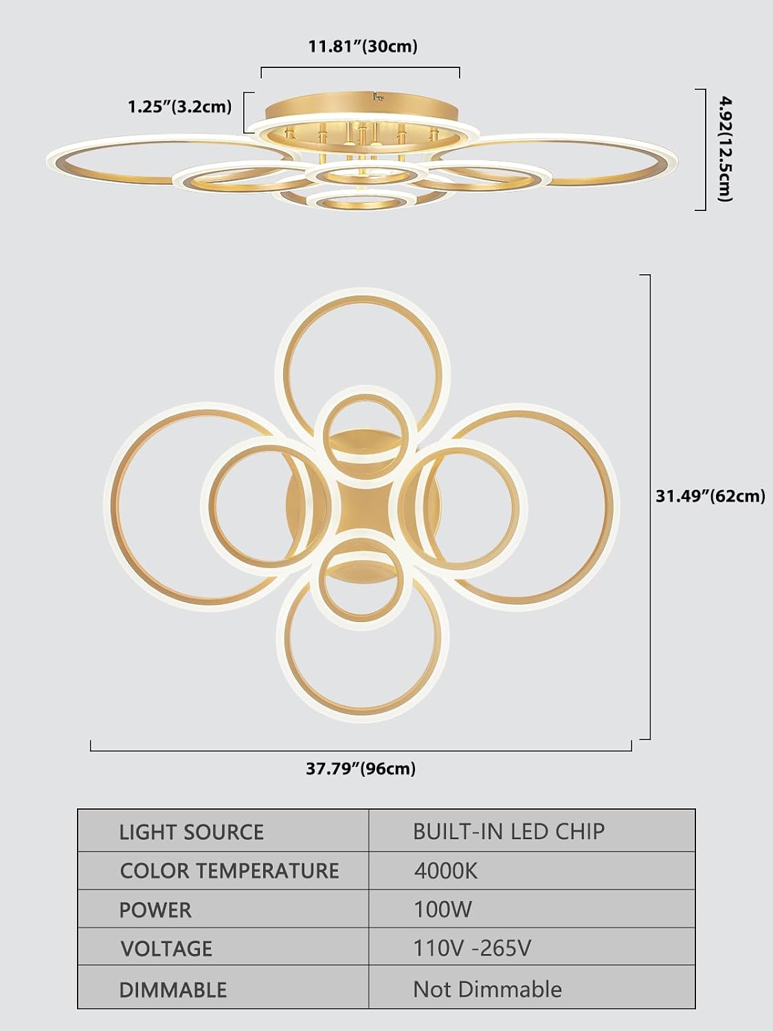 Lámpara techo LED empotrado 8 anillos dorados