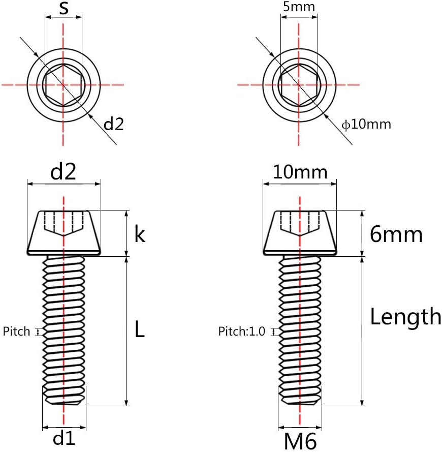 Tornillos hex cónicos M6 x 0.984pulg titanio paq 4