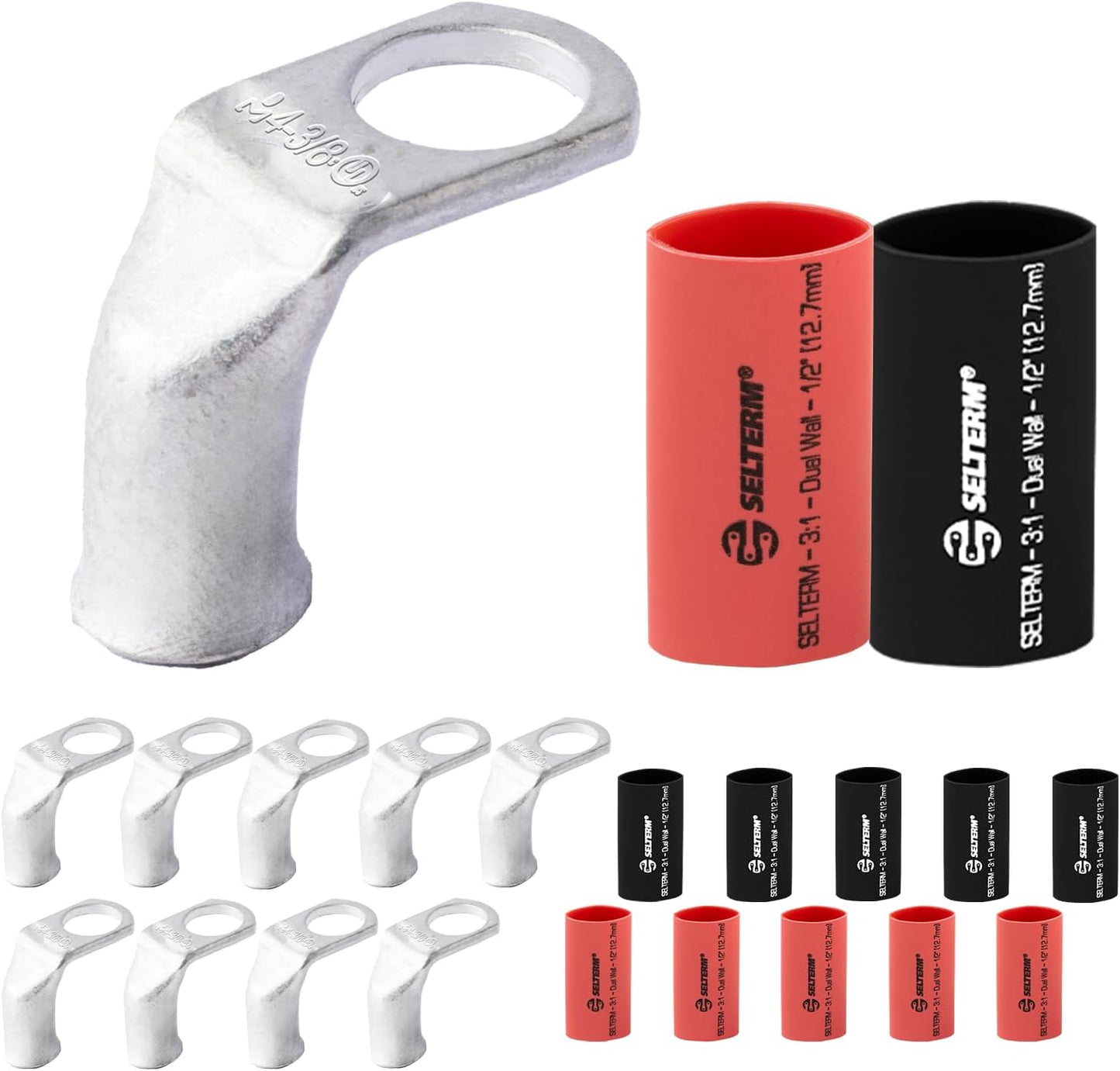 10 Pzas Conectores Anillo 4 AWG 3/8 Lengüetas 90° Negro Rojo