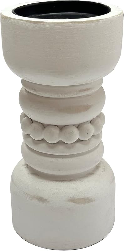 Portavelas madera rústica soporte decorativo con cuentas blanco