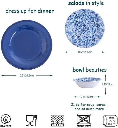 Set 12 pzas vajilla melamina azul blanca irrompible
