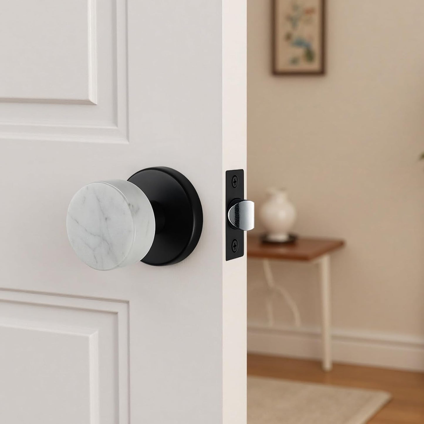 Pomo puerta mármol blanco roseta negra mate diseño sin
