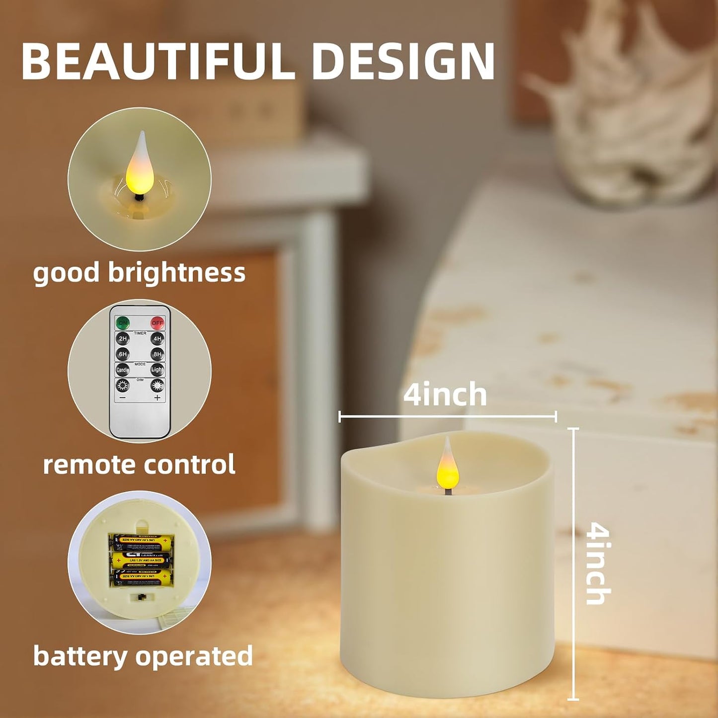 2 Velas LED sin llama 4x4 pulg control remoto Ivory para hogar