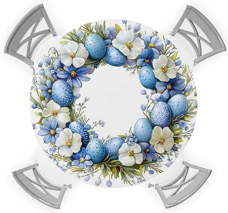Mantel redondo elástico Pascua azul con huevos y flores