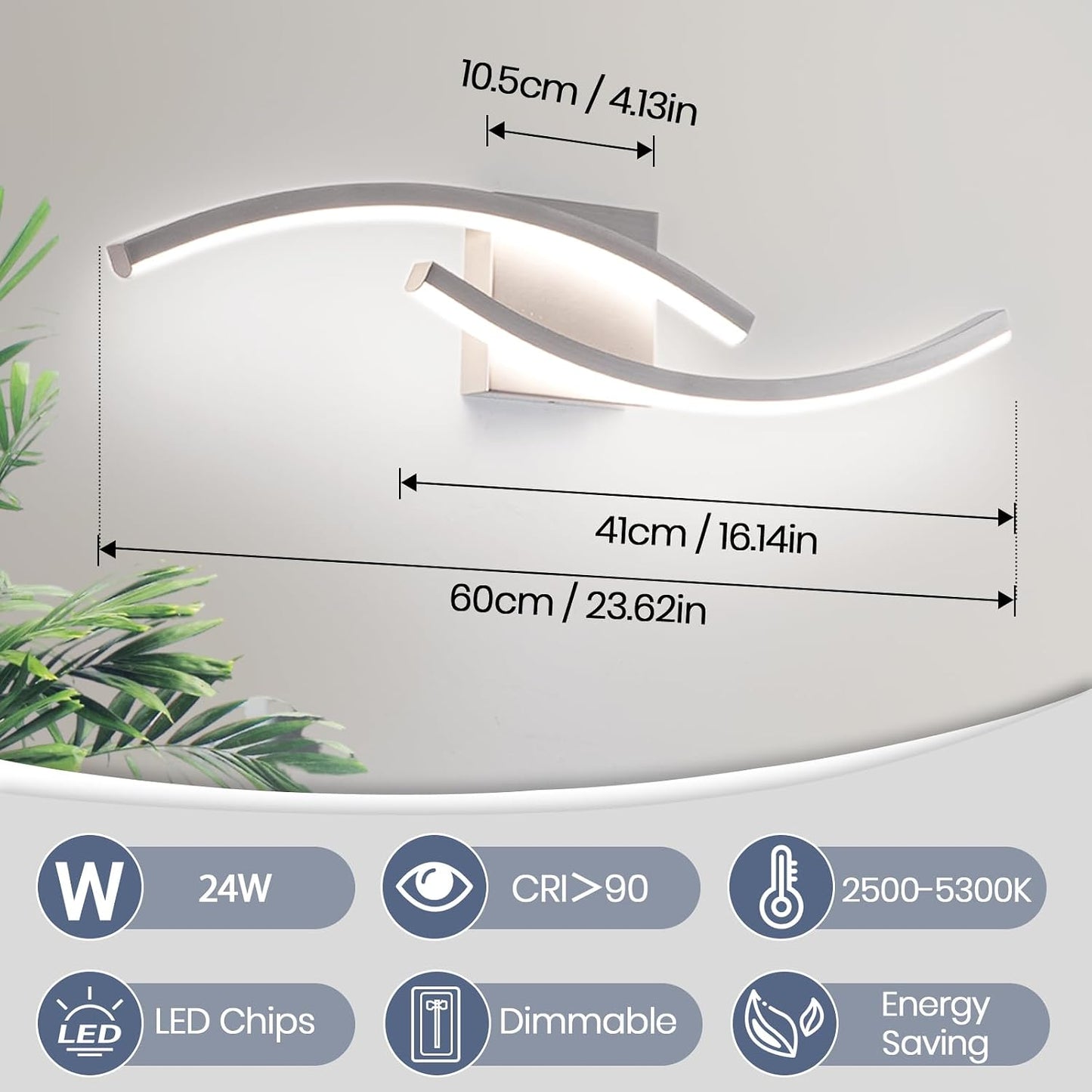 Luz tocador baño 23.62pulg níquel cepillado LED regulable