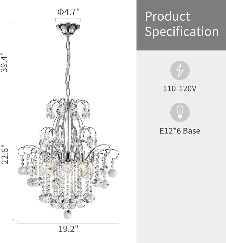 Candelabro cristal 5 luces E12 cromo 22.6x19.2"