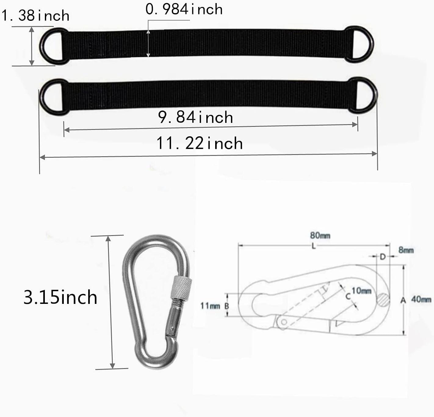 Set 2 correas hamaca 9.84" con ganchos mosquetón seguridad