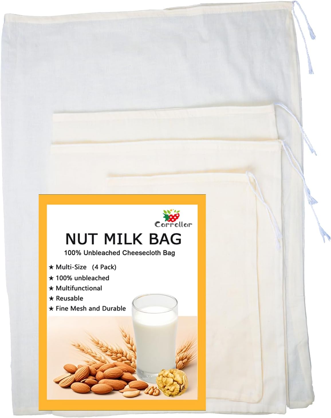 4 Pzas Bolsas Muselina Reutiliz. para Yogur Queso