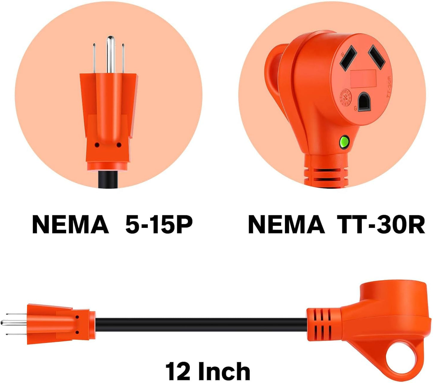 Cable adaptador RV 30A a 110V 12" NEMA 5-15P a TT-30R