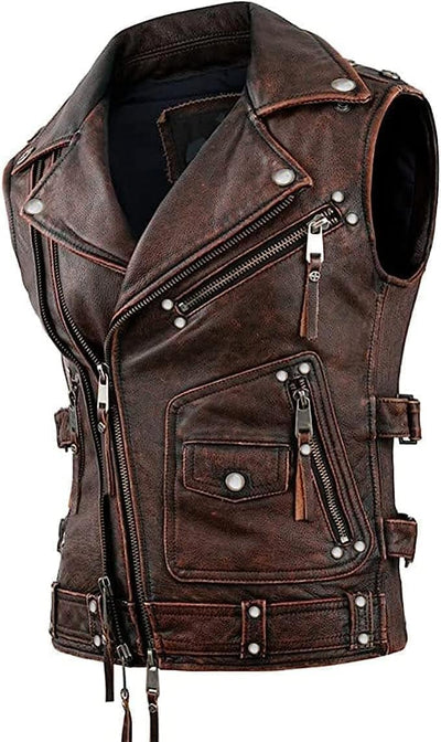 Chaleco cuero vaca clásico 50s para motociclista
