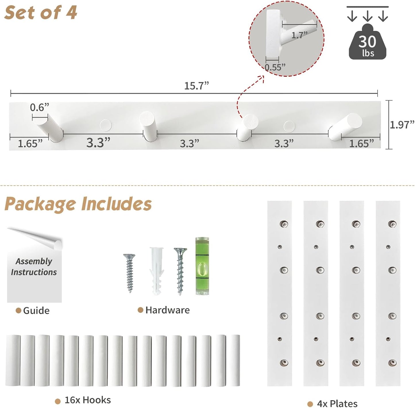 Ganchos pared grandes para abrigos y sombreros 16" set 4