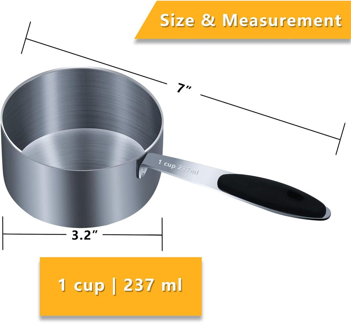 2 Tazas Medidoras 8oz con Agarre Silicona Negro Acero Inox