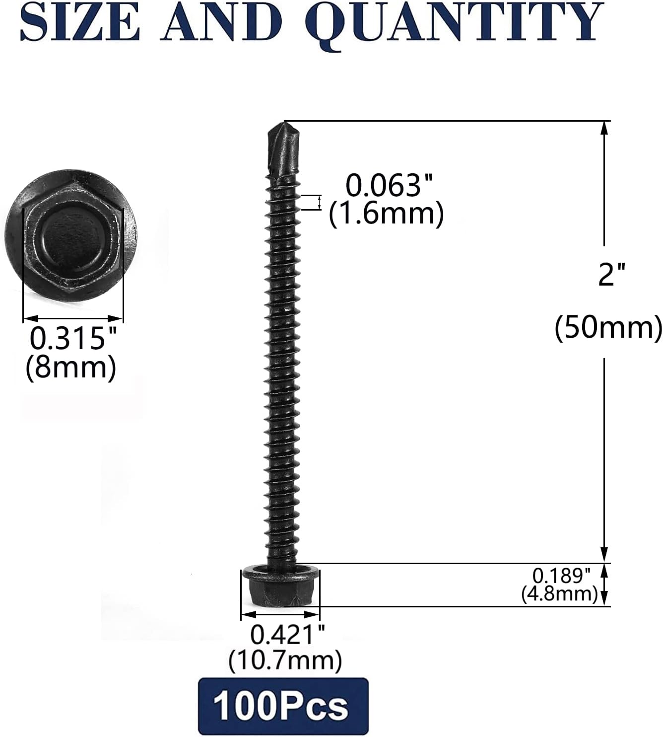 Tornillos acero inox #10x2 100pzas cabeza hex arandela Tek