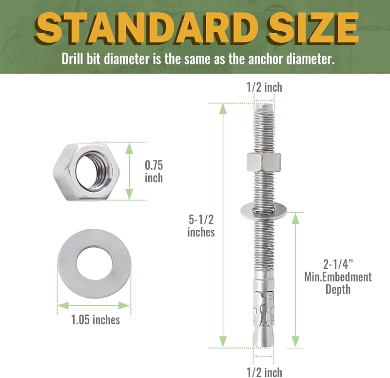 Pernos anclaje concreto acero inox 1/2x5.5" set 12