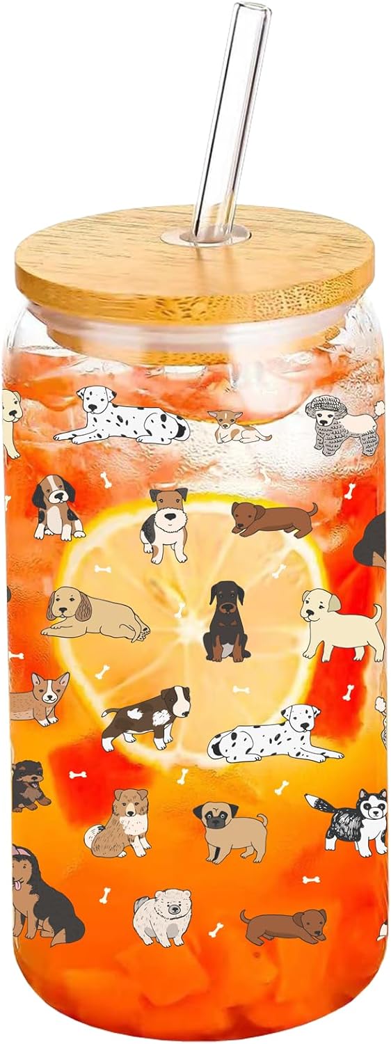 Vaso de cristal para cachorros con tapa y pajitas 16 oz para café helado, batido, cóctel y refrescos