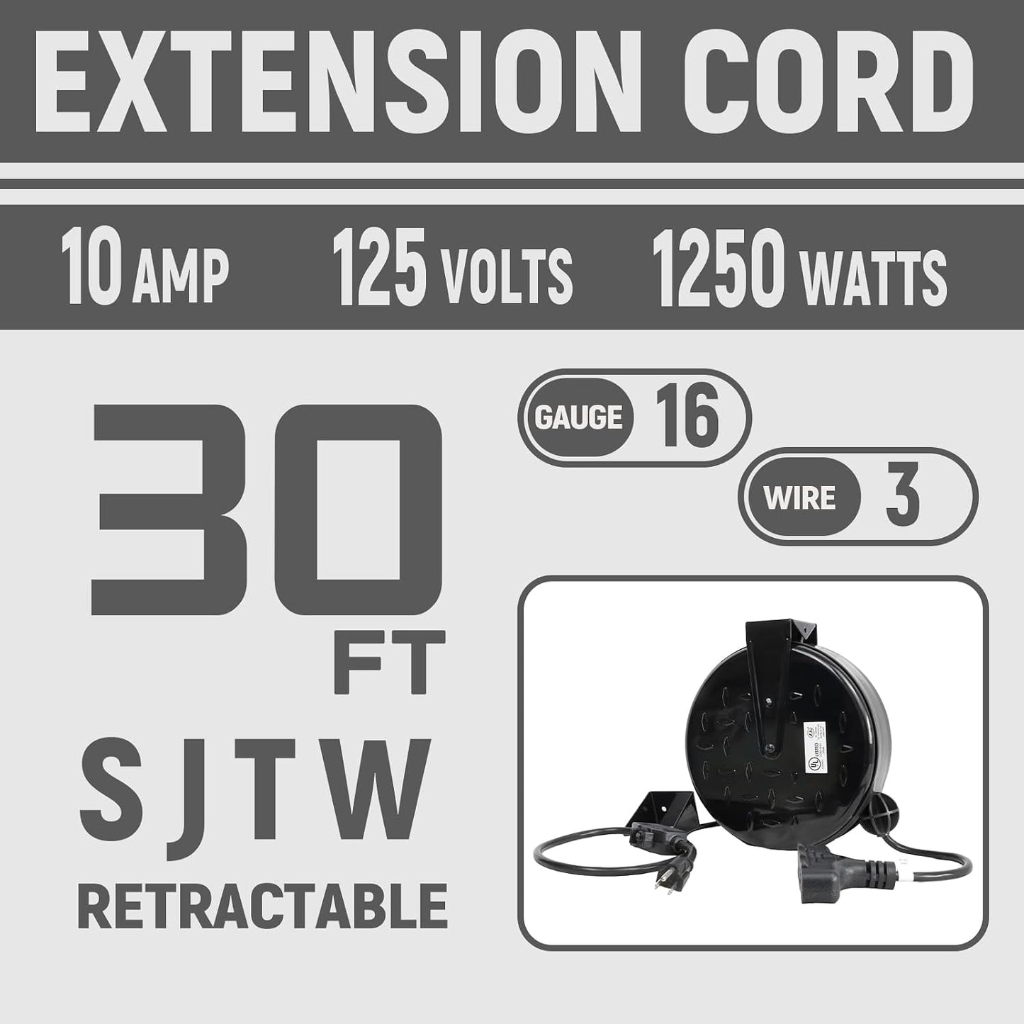 Carrete cable extensión retráctil 30ft 16/3 SJTW 3 tomas